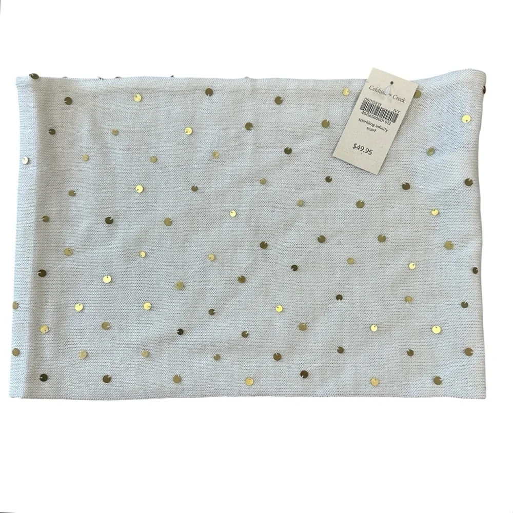 Coldwater Creek NWT cream wool blend infinity scarf with gold metallic sequins